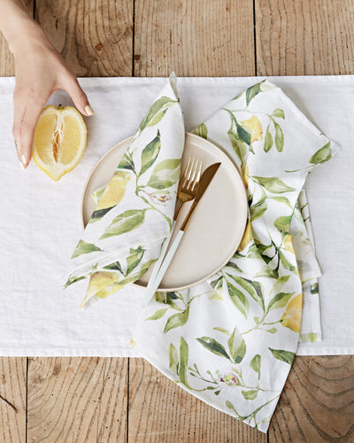 Citrus garden print on white Linen Napkin Set | MagicLinen