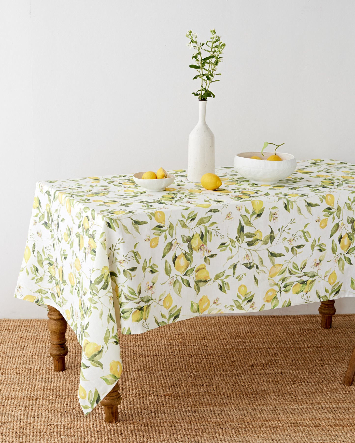Citrus garden print on white linen tablecloth | MagicLinen
