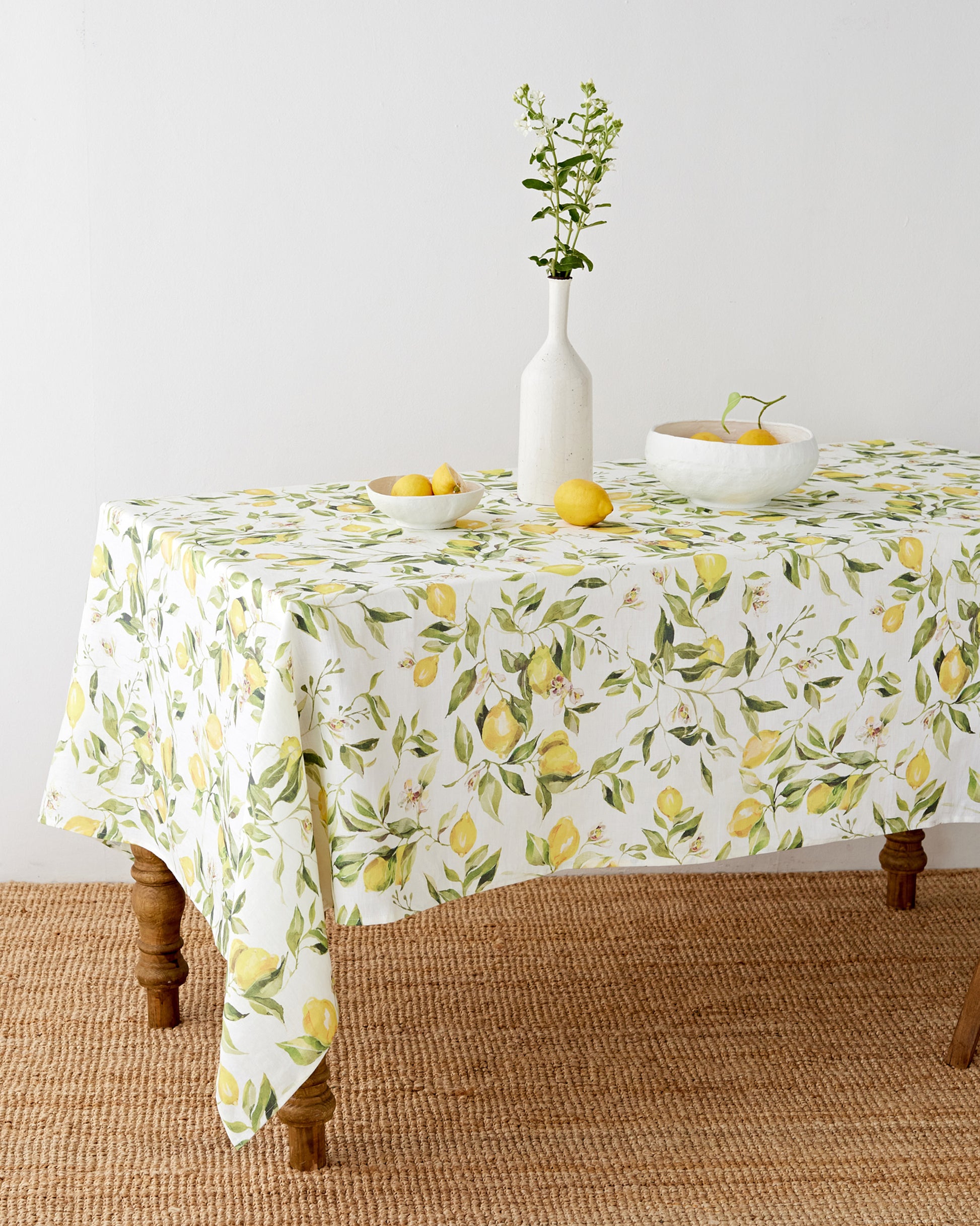 Citrus garden print on white linen tablecloth | MagicLinen