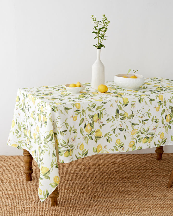 Citrus garden print on white linen tablecloth | MagicLinen