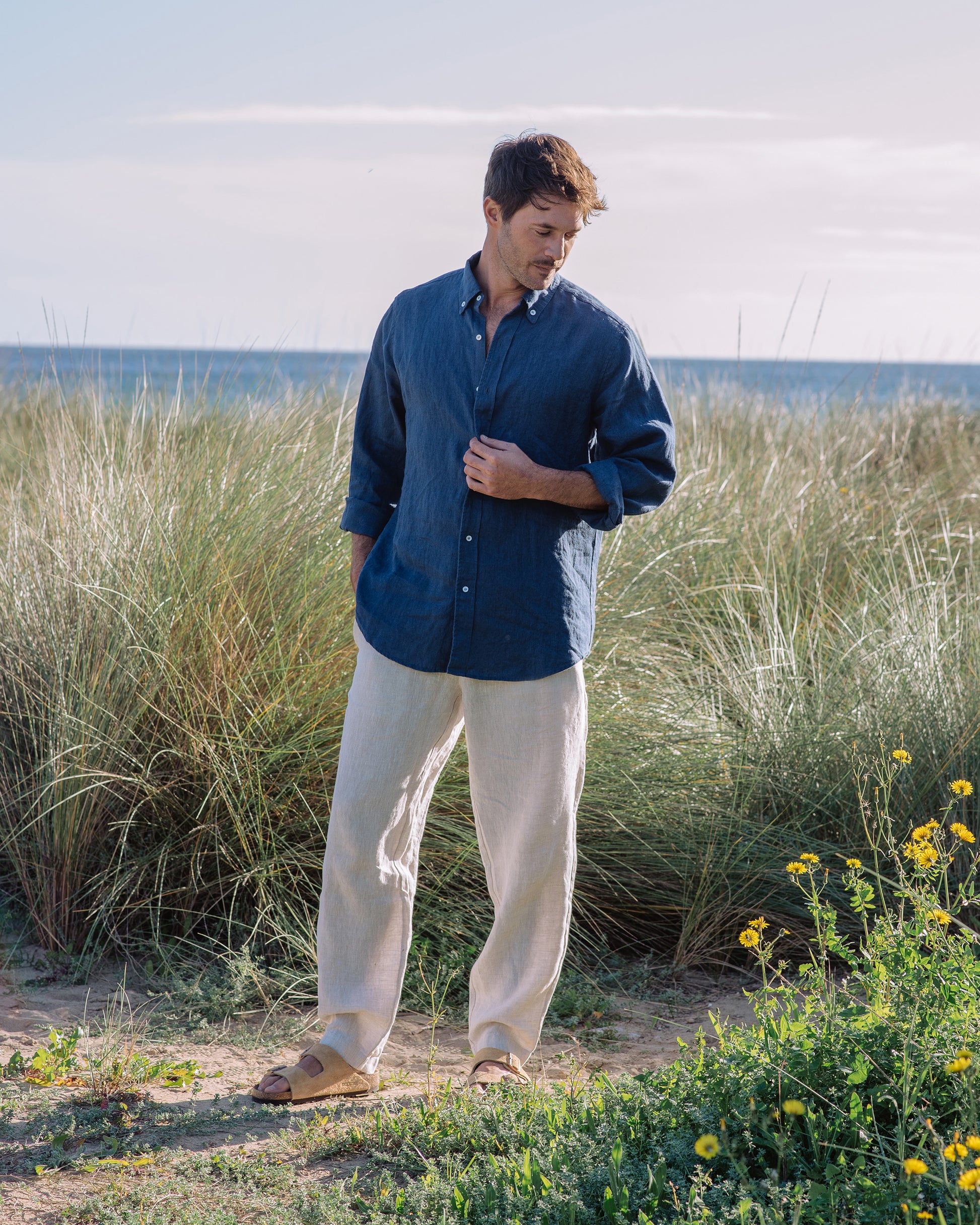 navy linen dress shirt Navy Cuban Collar Linen Shirt