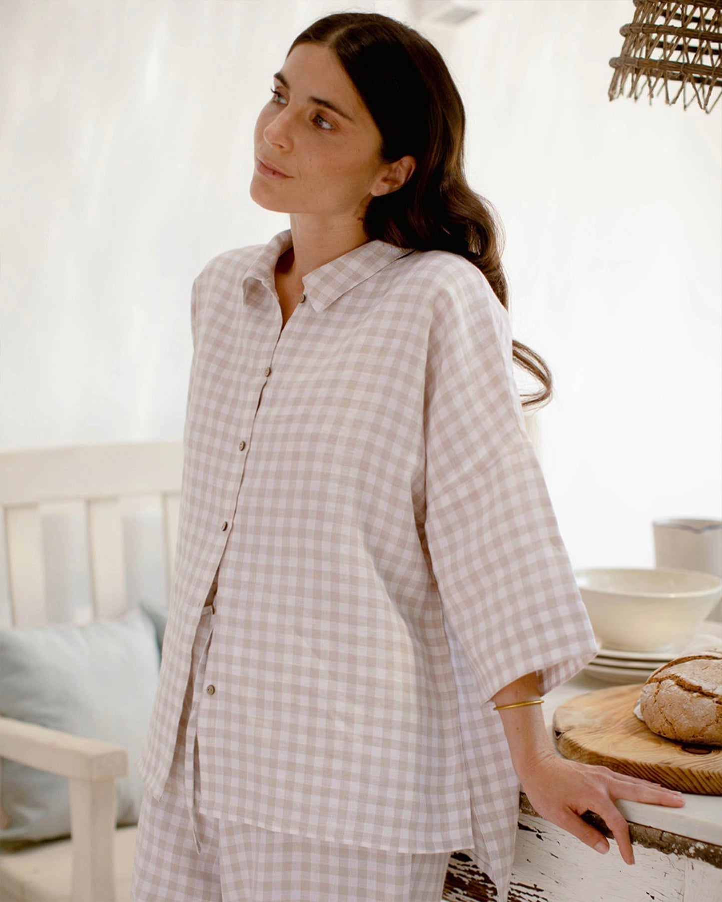 Linen pajama set COMPORTA in Natural gingham