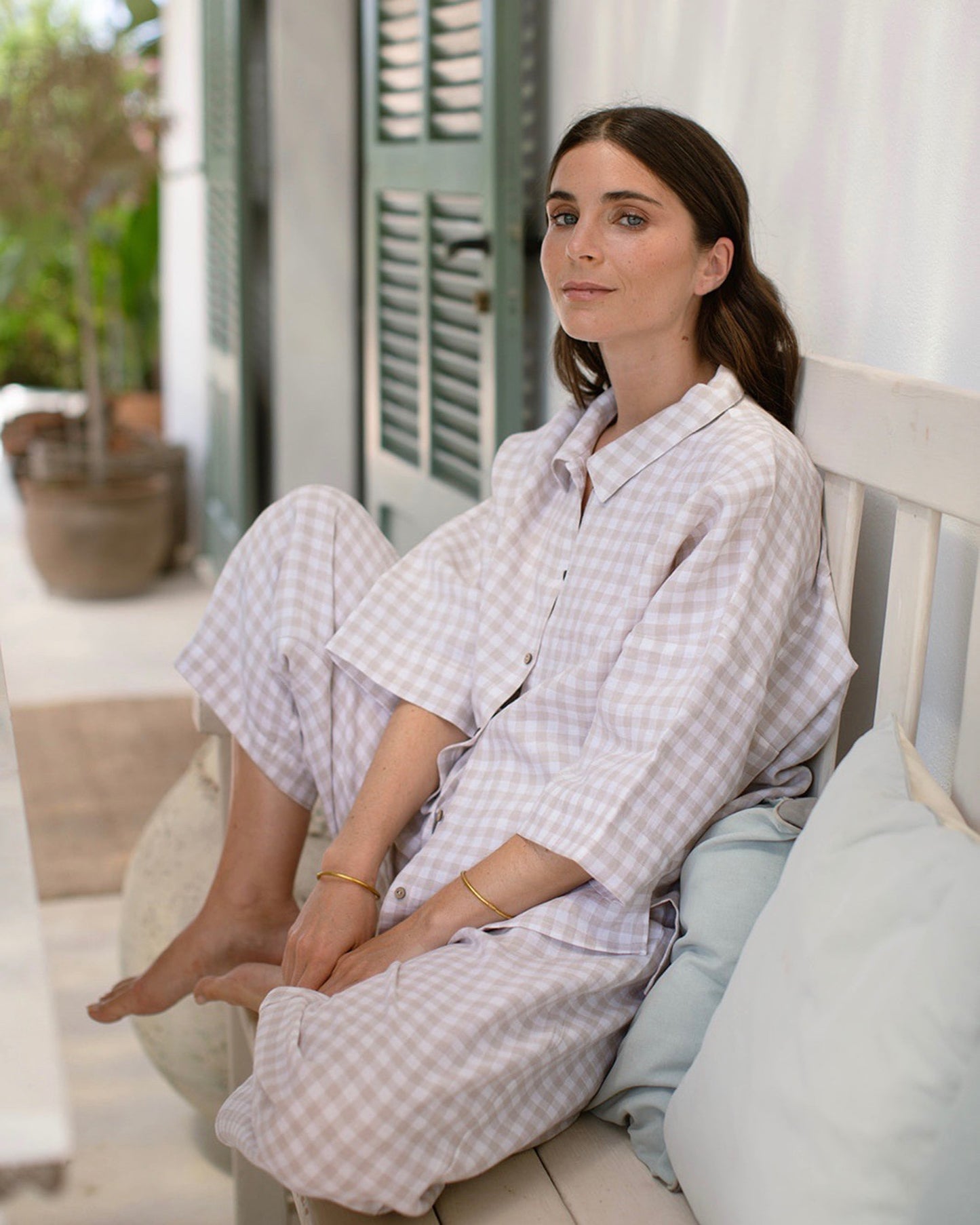 Linen pajama set COMPORTA in Natural gingham