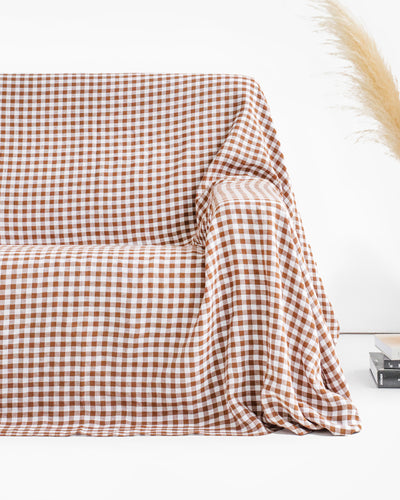 Linen couch cover in Cinnamon gingham - MagicLinen