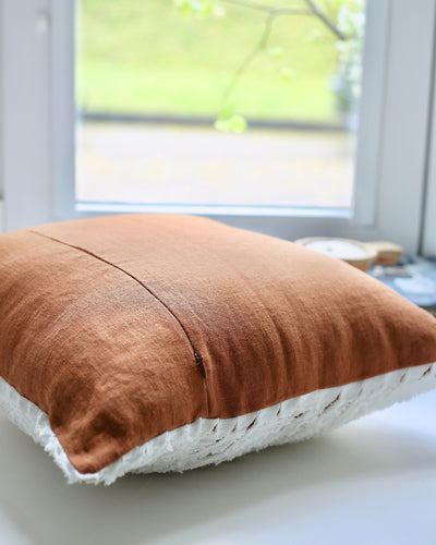 Decorative linen pillow cover with striped fabric in White & Cinnamon - MagicLinen