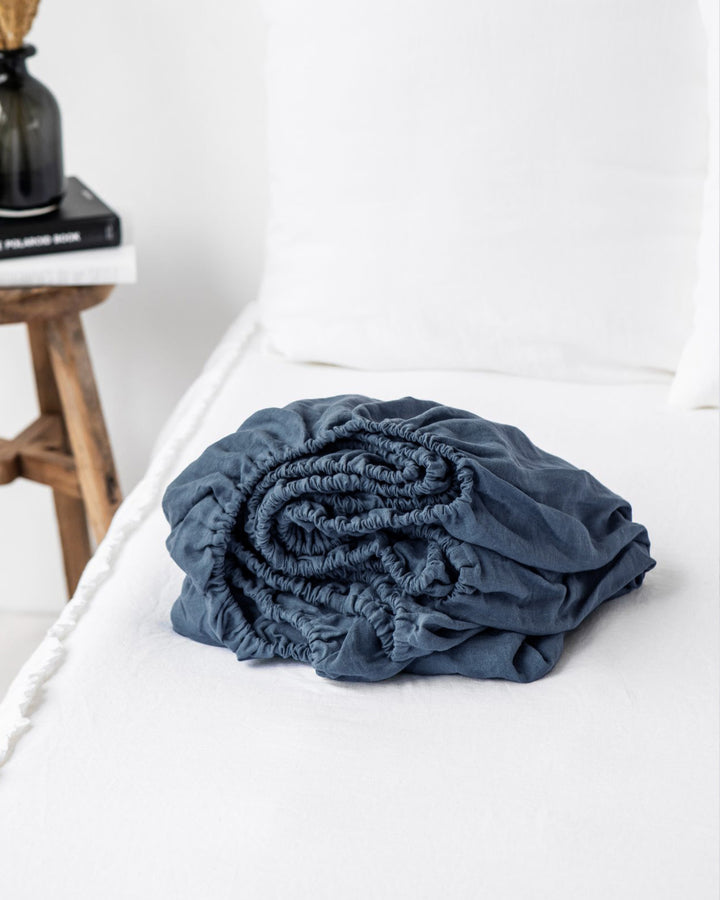 Deep Navy Blue Linen Fitted Sheet | MagicLinen