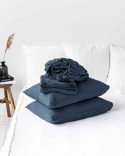 Deep navy blue linen sheet set (4 pcs)