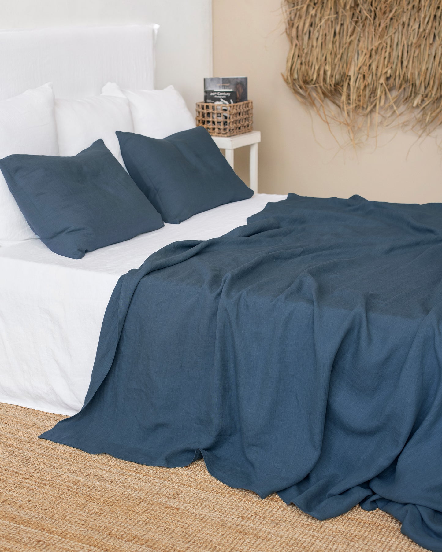 Deep navy blue linen pillowcase