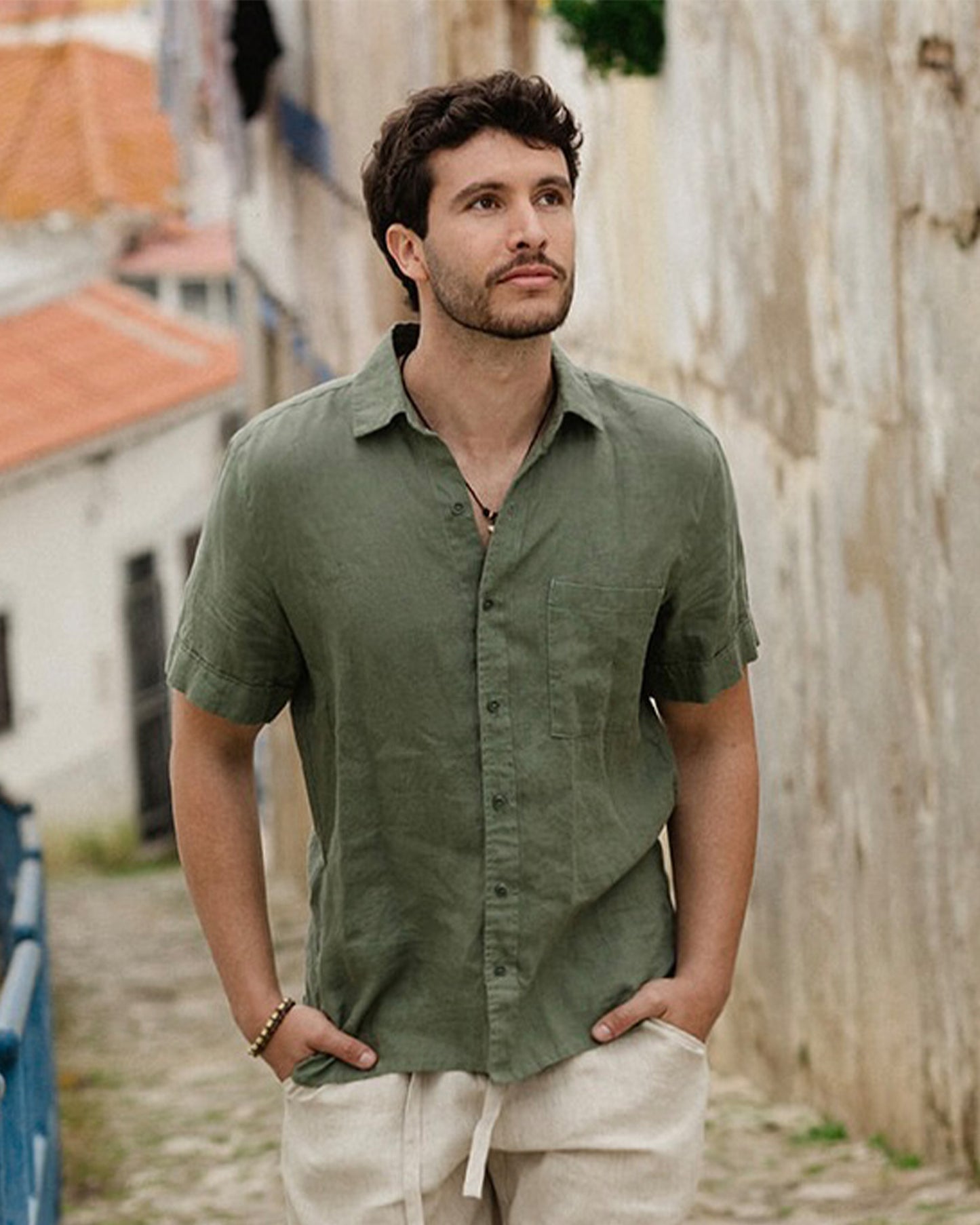 MagicLinen Mist green Men’s Short Sleeves Linen Shirt DENVER, 100% European flax linen 160 gsm plain weave modelBoxOn2