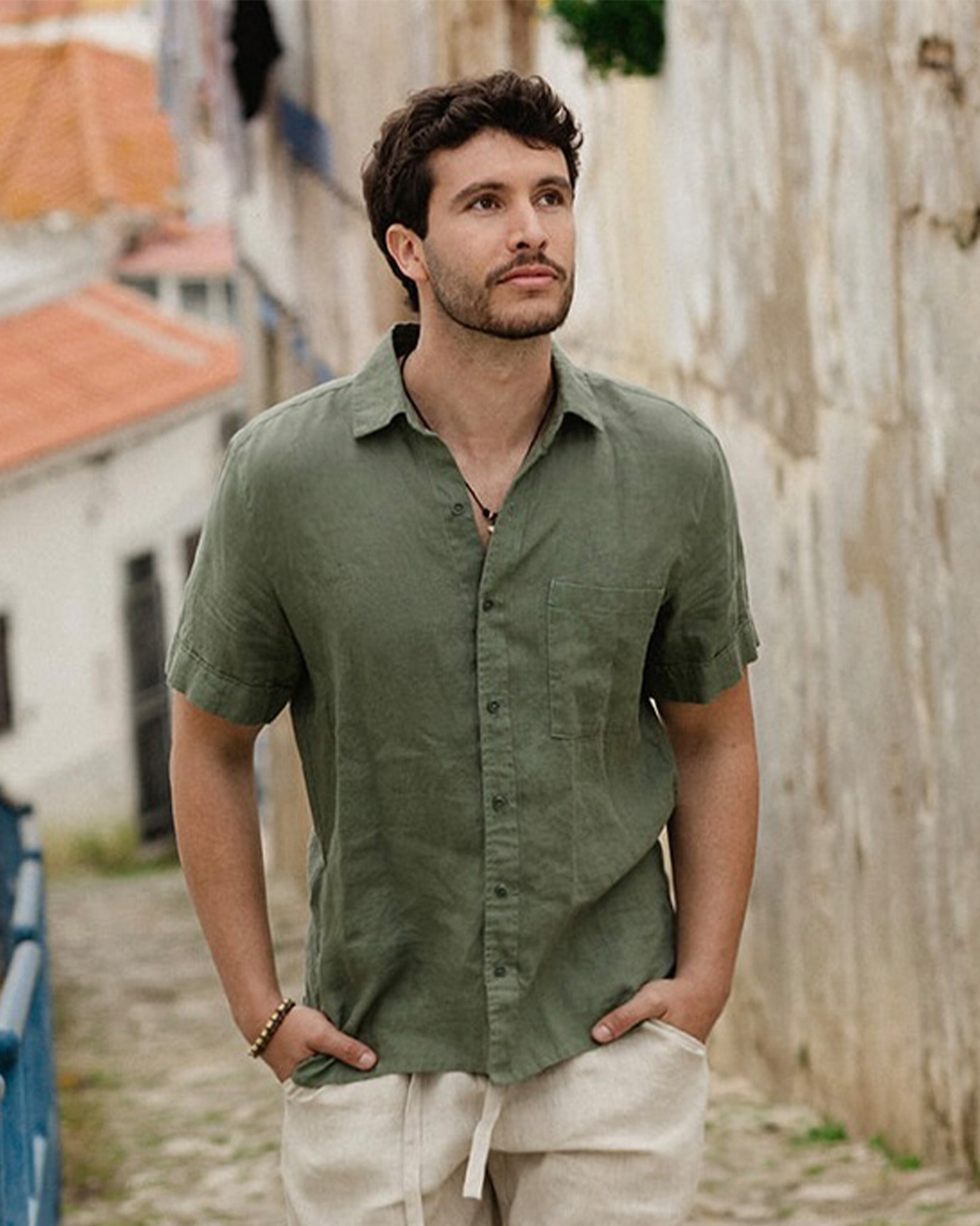 MagicLinen Mist green Men’s Short Sleeves Linen Shirt DENVER, 100% European flax linen 160 gsm plain weave modelBoxOn2
