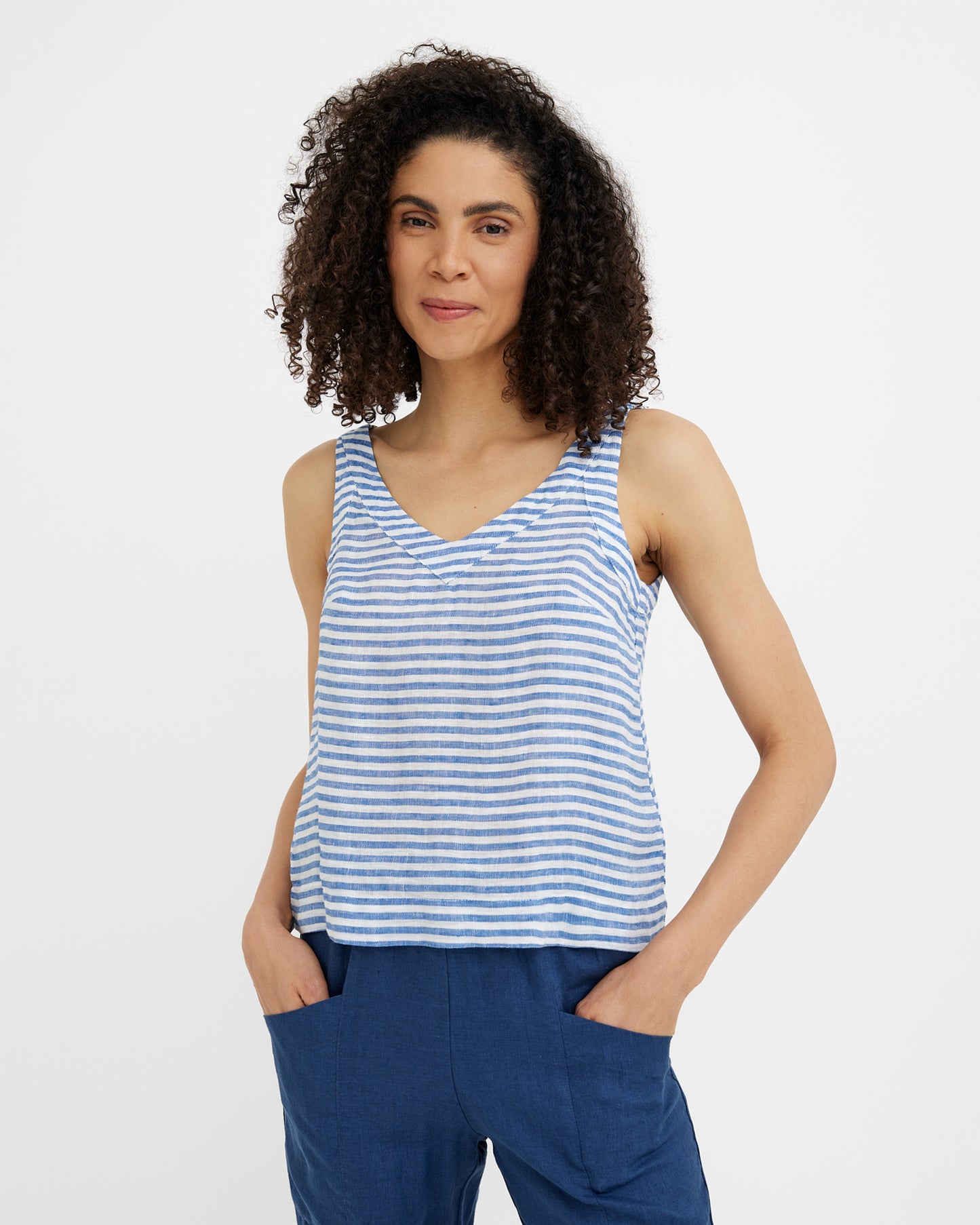 MagicLinen Cobalt Blue Stripes Sleeveless Linen Top DOURO, 100% European flax linen 160 gsm plain weave  modelBoxOn