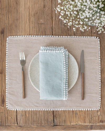 Pom pom trim linen napkin set of 2 in Dusty blue