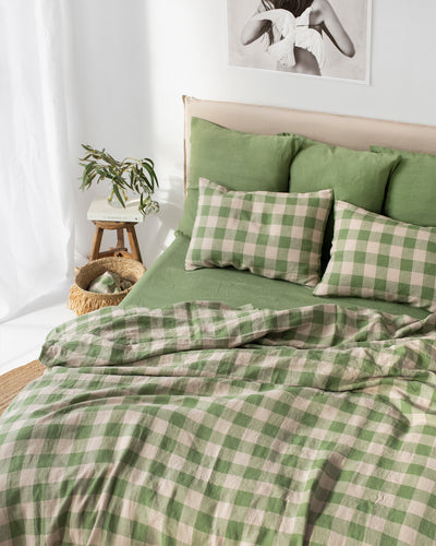 Forest green gingham linen flat sheet | MagicLinen