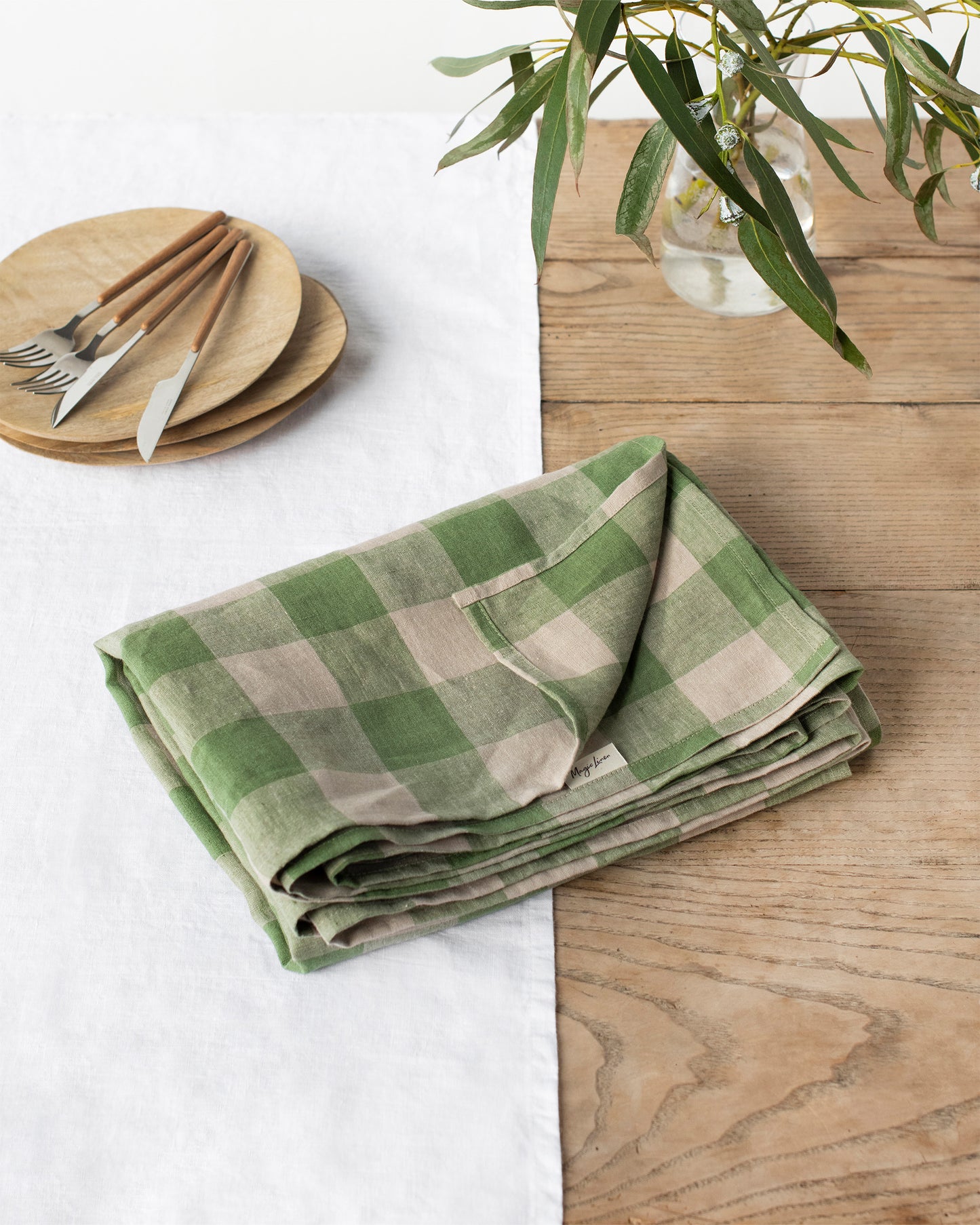 Green gingham linen tablecloth