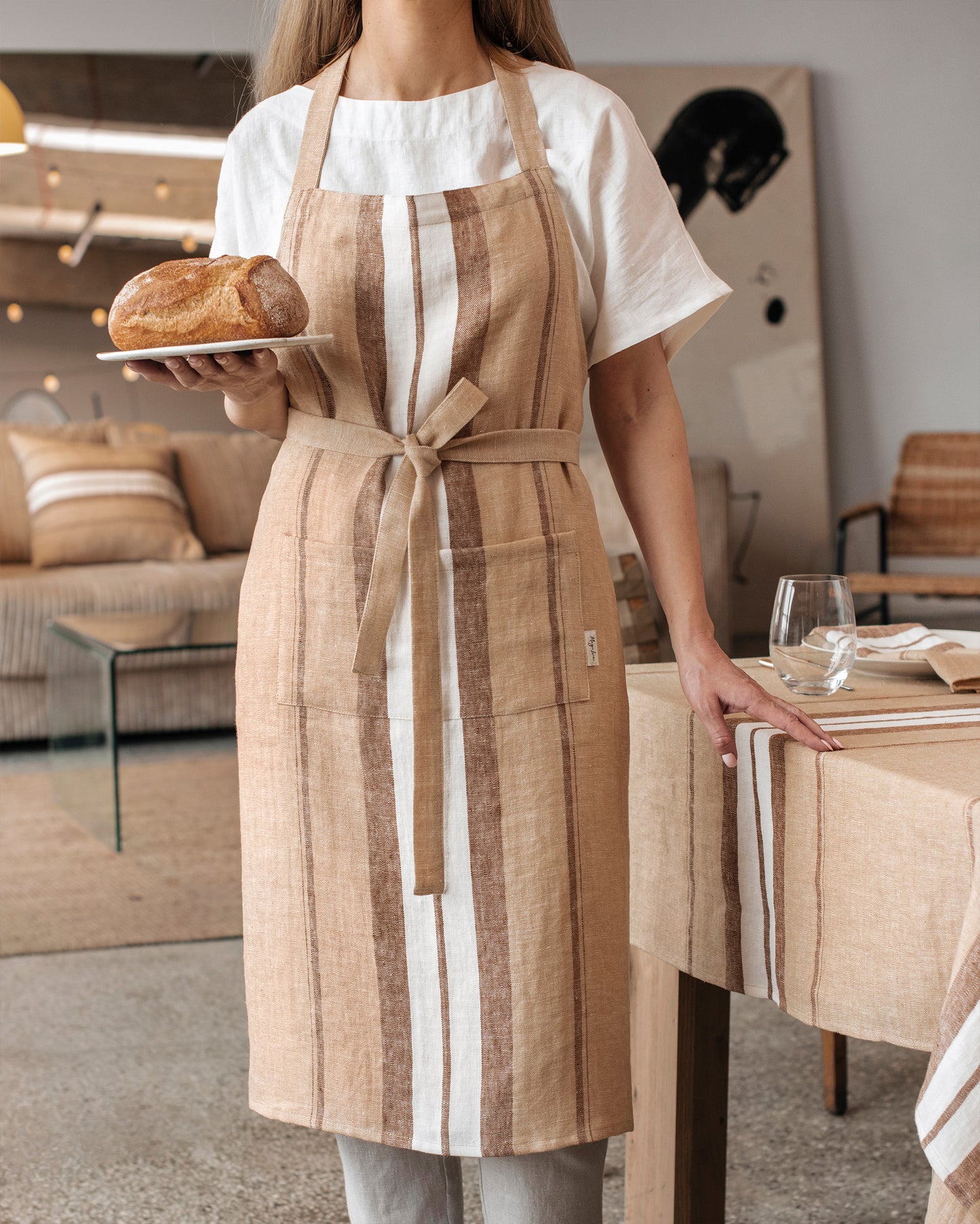 Linen bib apron in French stripe - MagicLinen