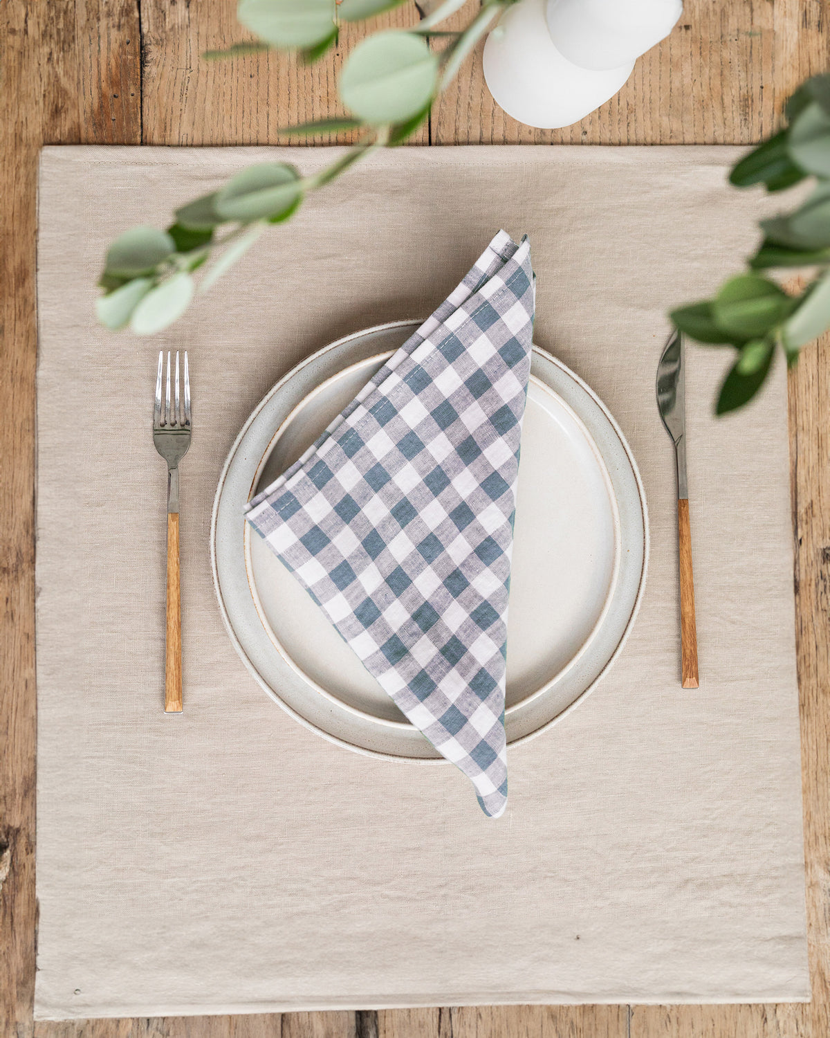 Gray gingham linen napkin set 2