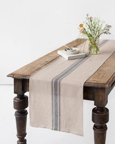 Linen table runner in traditional gray stripes - MagicLinen
