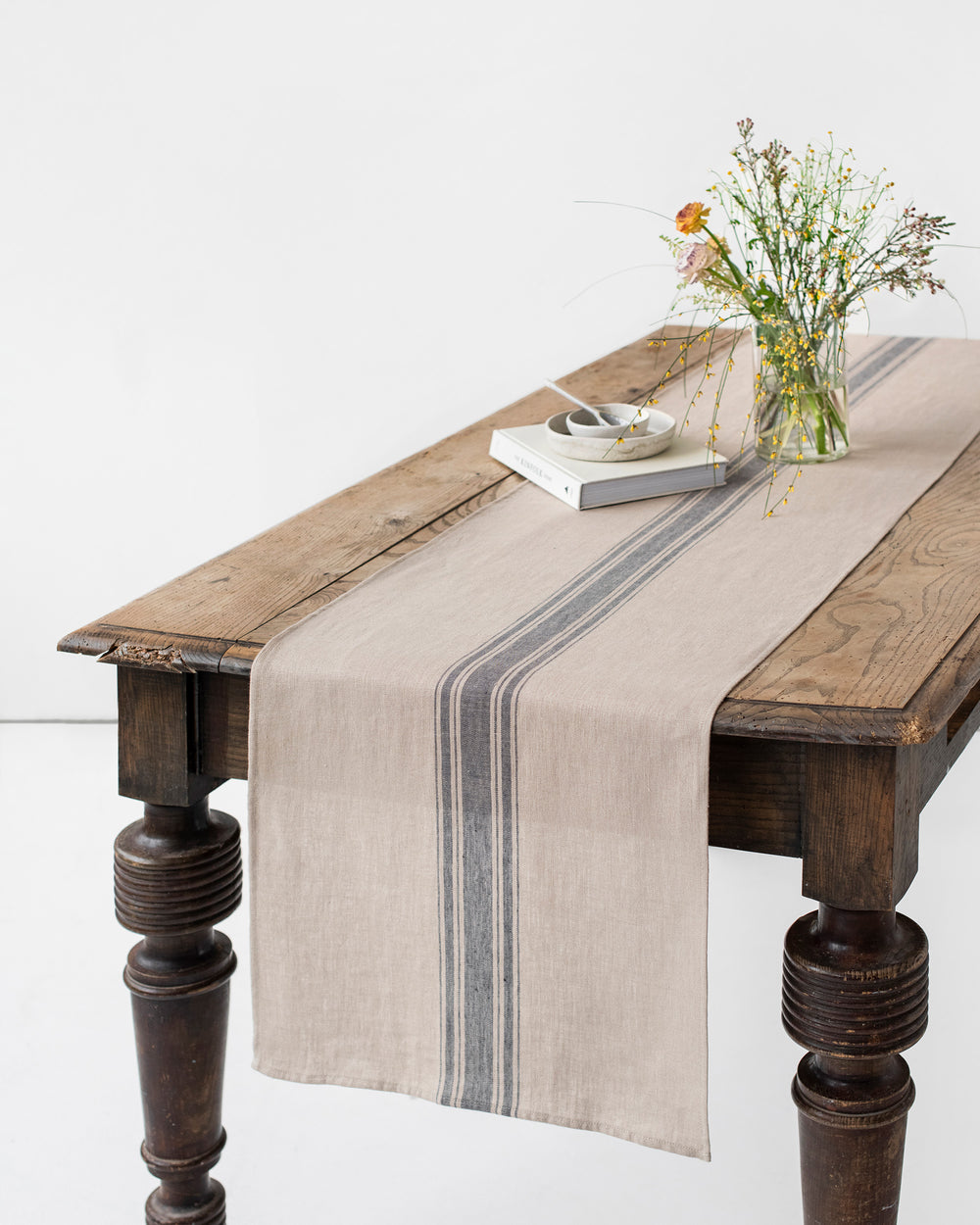 Stone Washed Linen Table Runner in Gray stripes | MagicLinen