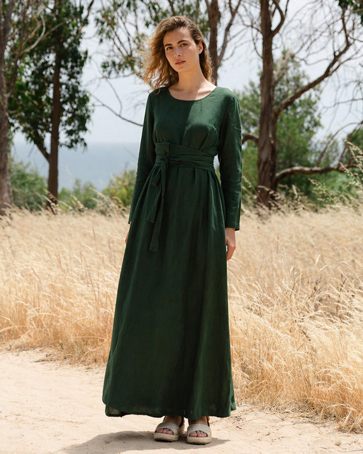 Long linen dress GRENADA in Deep green