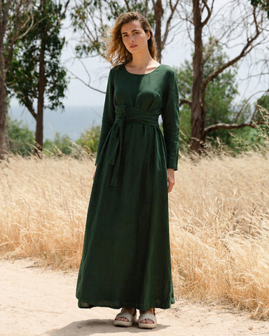 Long linen dress GRENADA in Deep green | MagicLinen