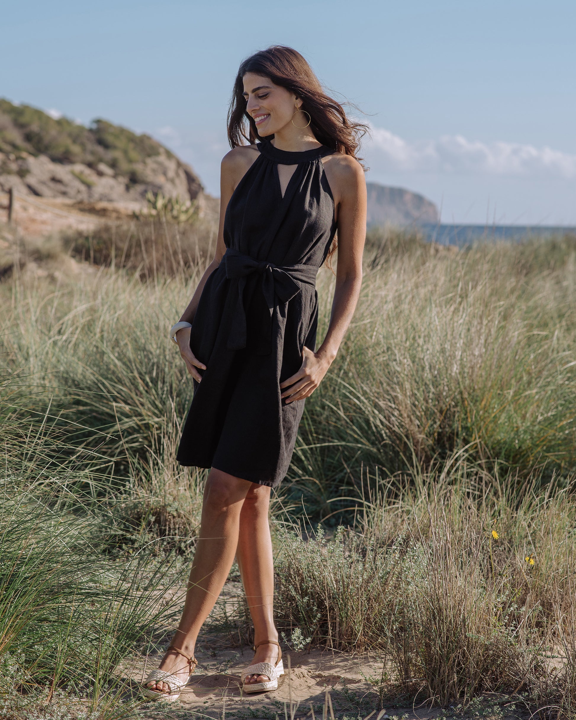 Halter Linen Dress PALAU in Black | MagicLinen modelBoxOn2