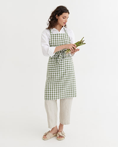 Linen Bib Apron in Forest Green gingham | MagicLinen