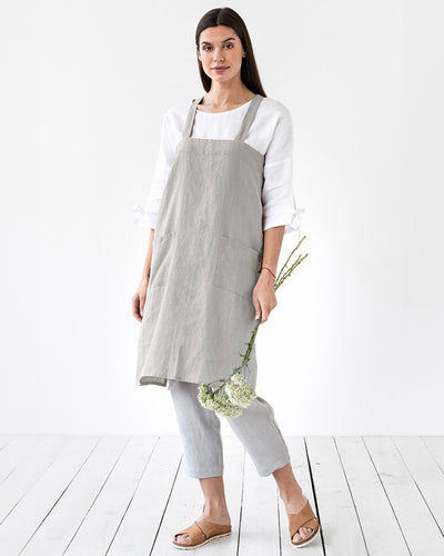 Japanese cross-back linen apron in Light gray