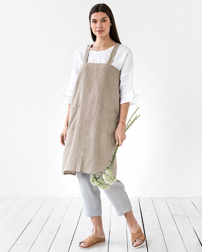 Japanese cross-back linen apron in Natural linen