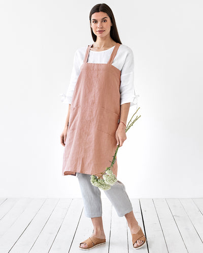 Japanese cross-back linen apron in Rust pink