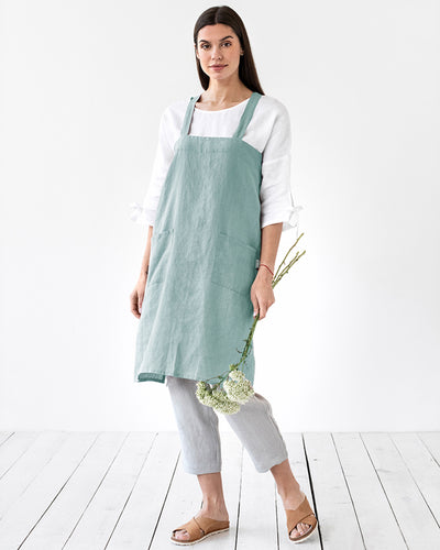 Japanese cross-back linen apron in Aquamarine blue