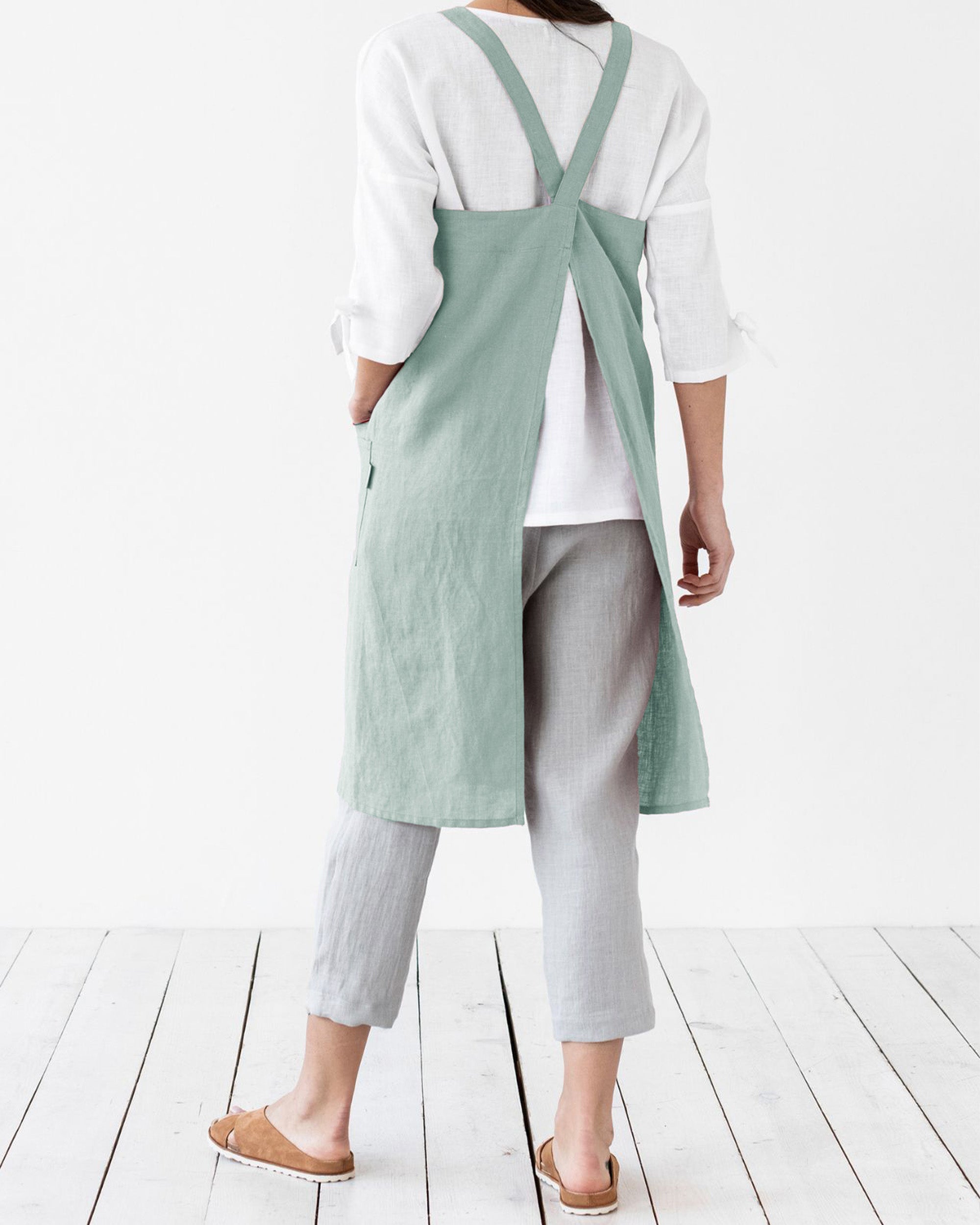 Japanese cross-back linen apron in Dusty blue | MagicLinen