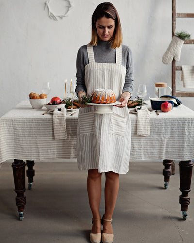Japanese cross-back linen apron in Striped in natural