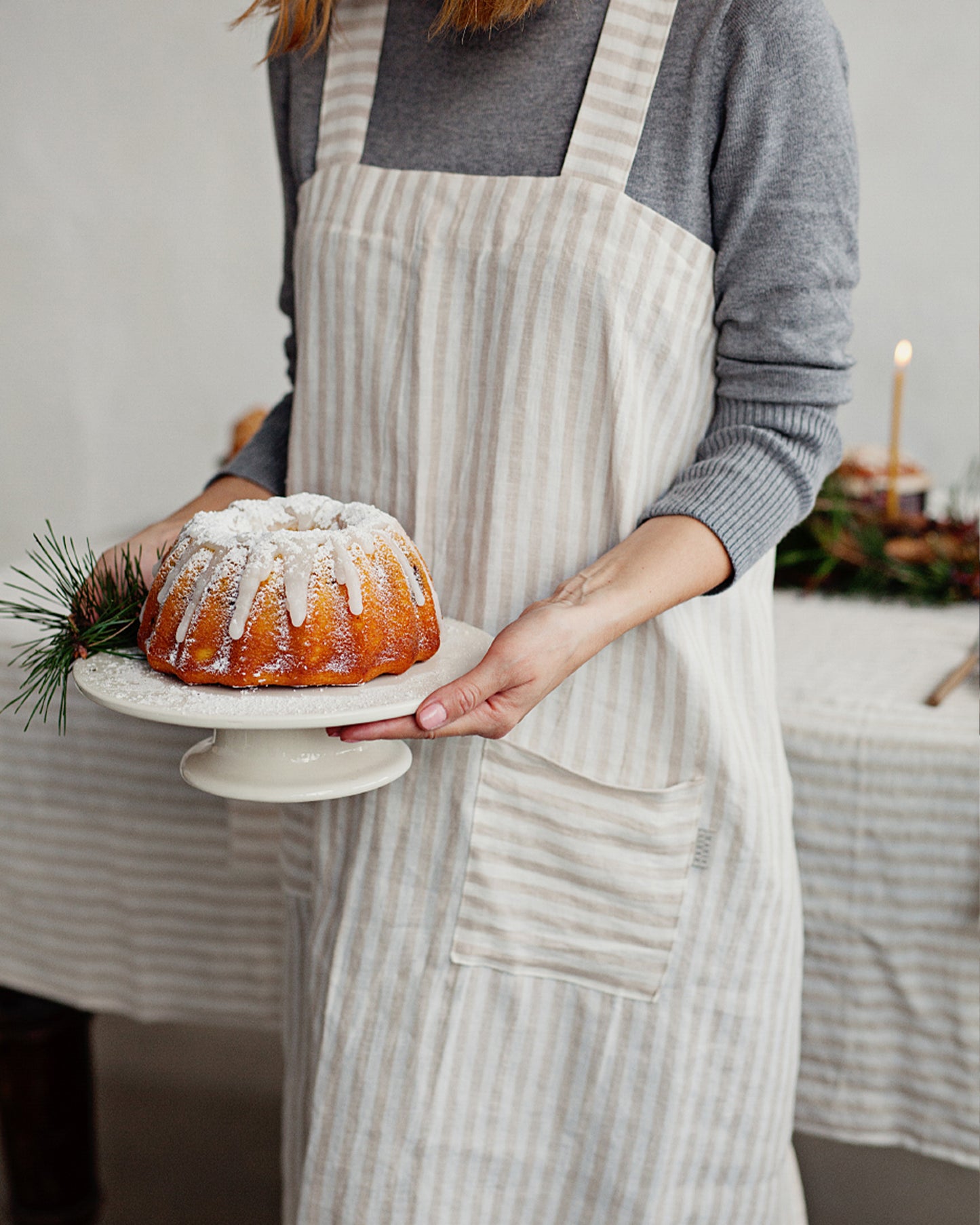 Japanese cross-back linen apron in Striped in natural