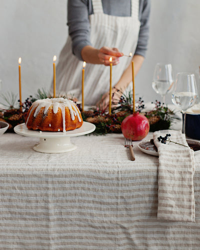 Japanese cross-back linen apron in Striped in natural