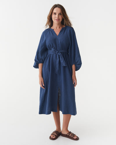 Kaftan linen dress THANDA in Deep navy blue | MagicLinen modelBoxOn