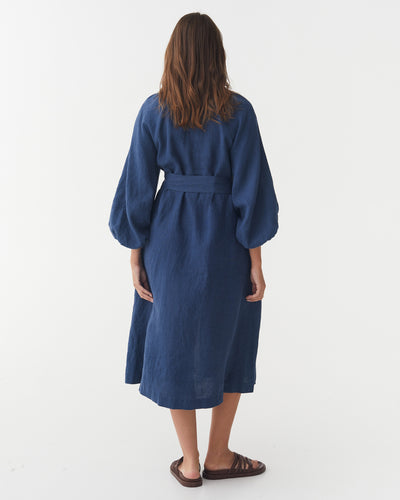 Kaftan linen dress THANDA in Deep navy blue | MagicLinen modelBoxOn