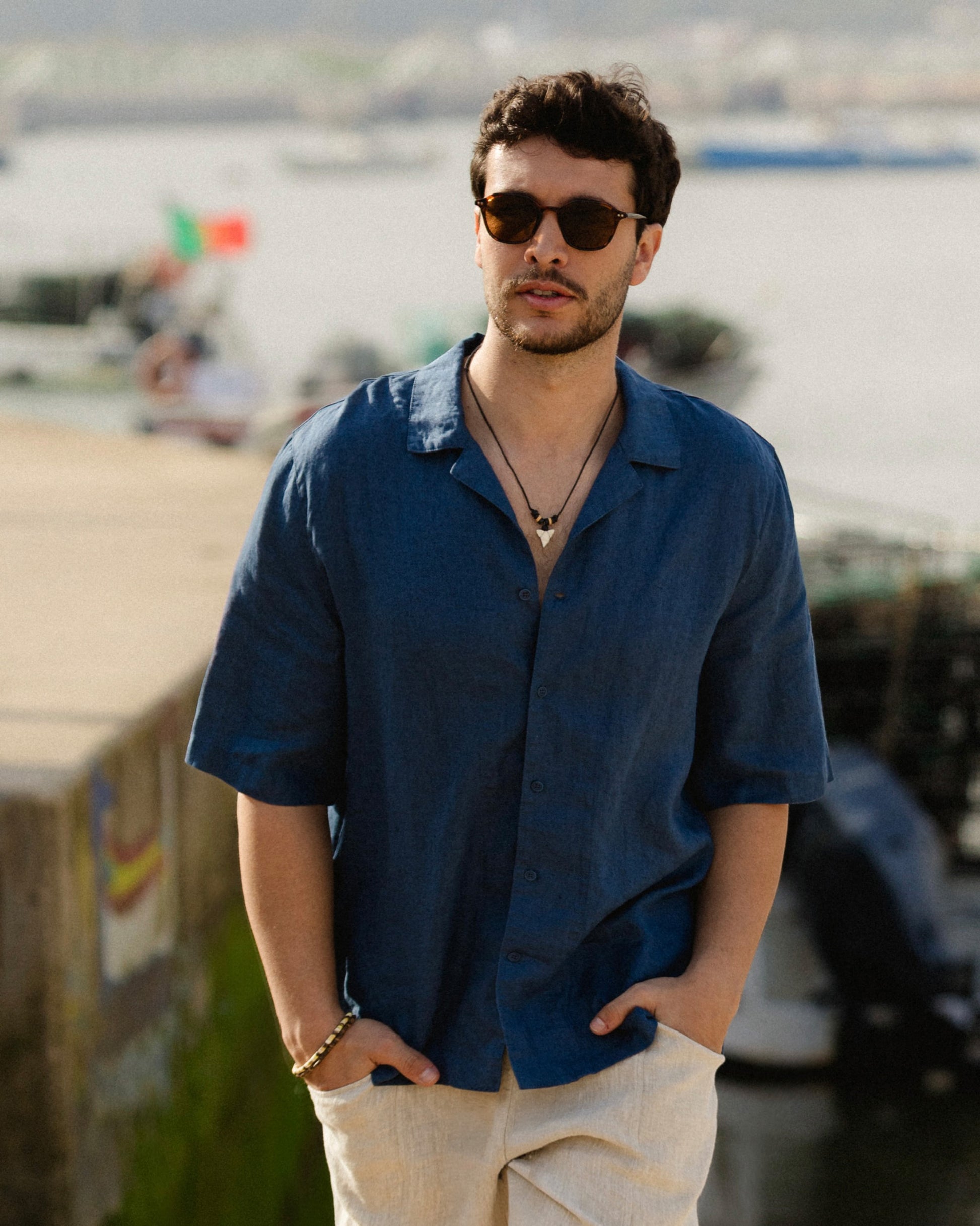 MagicLinen Deep navy blue summer linen shirt styled with tailored trousers modelBoxOn2