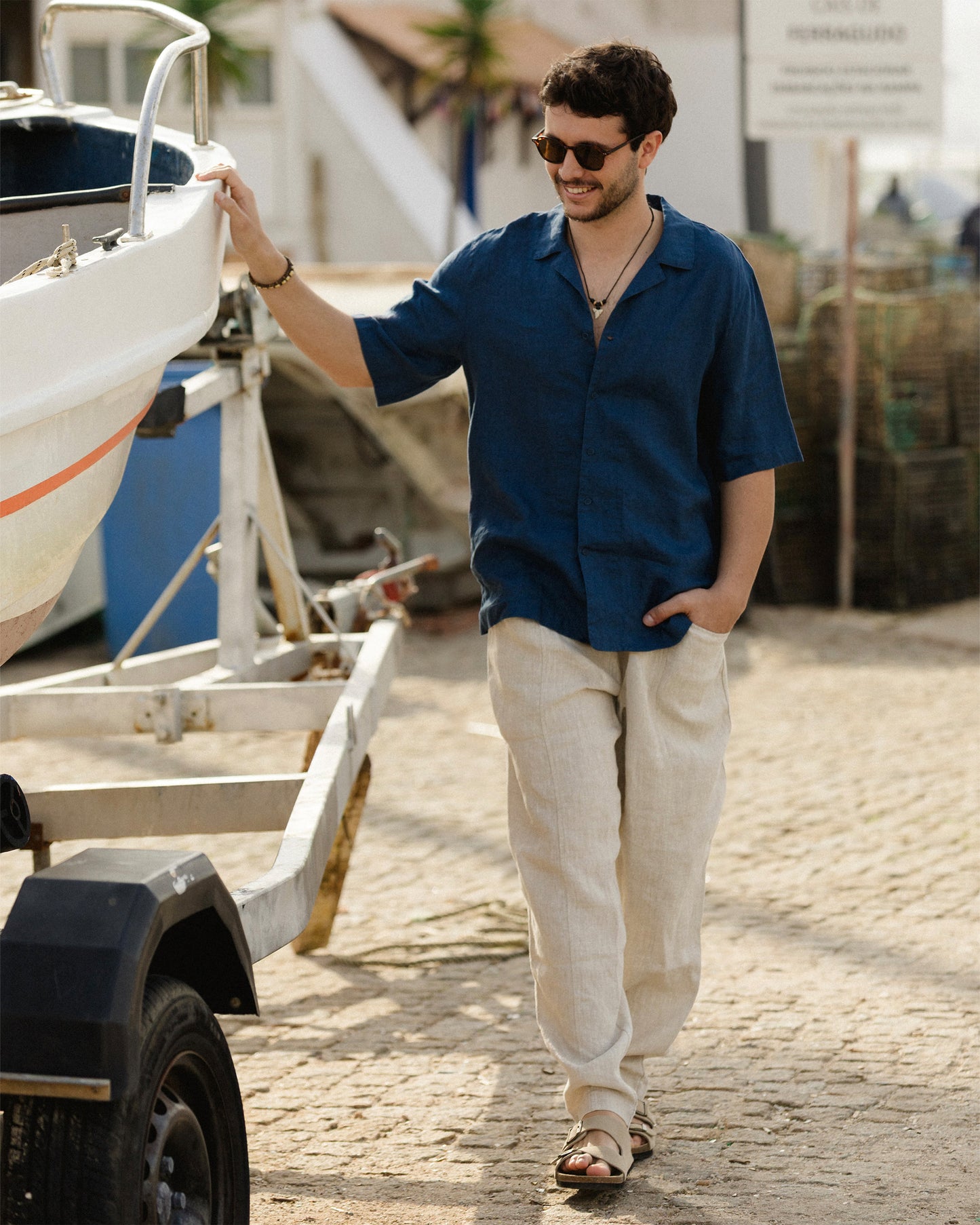Men's Short Sleeve Linen Shirt KEY WEST in Deep navy blue