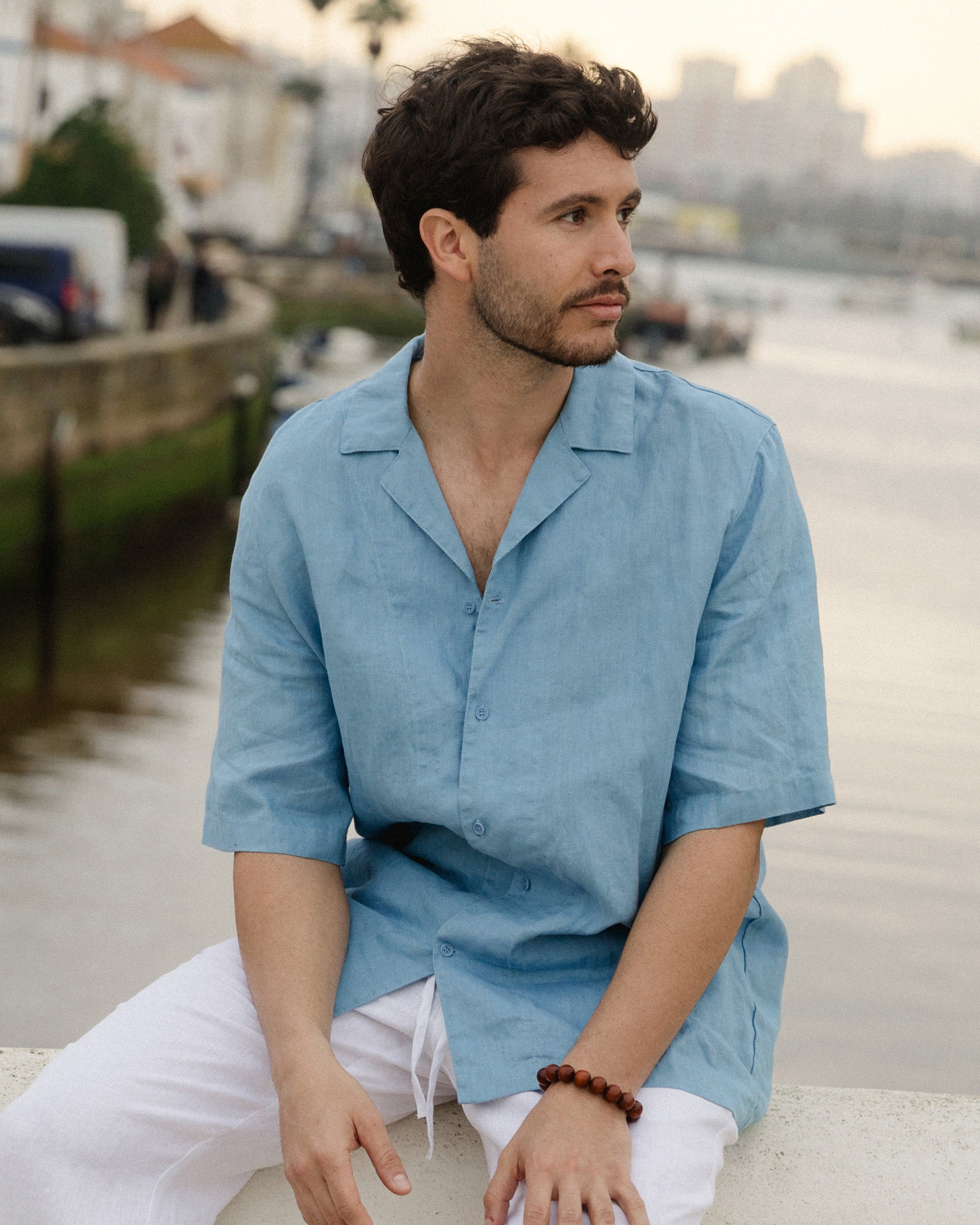 Men's Short Sleeves Linen Shirt KEY West in Soft blue