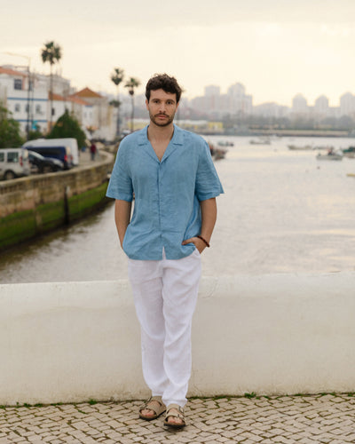 MagicLinen Soft blue Men’s Short Sleeves Linen Shirt KEY WEST, 100% European flax linen modelBoxOn2