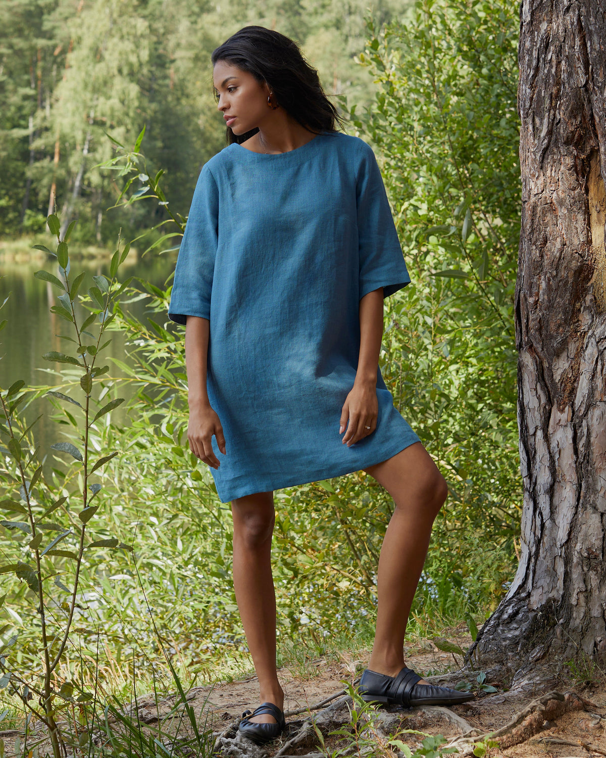 Linen tunic dress LASTRES in Navy blue