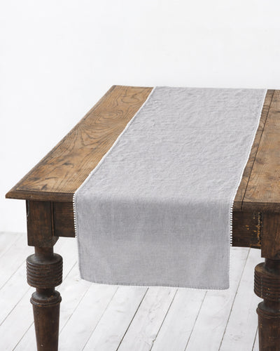 Light gray Pom pom trim linen table runner