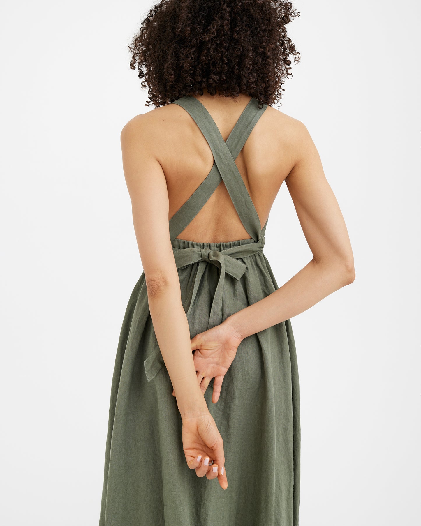 MagicLinen Mist green women’s linen midi dress with softly gathered skirt and side pockets  