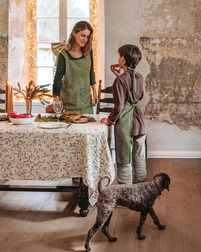 Linen apron for kids in Forest green