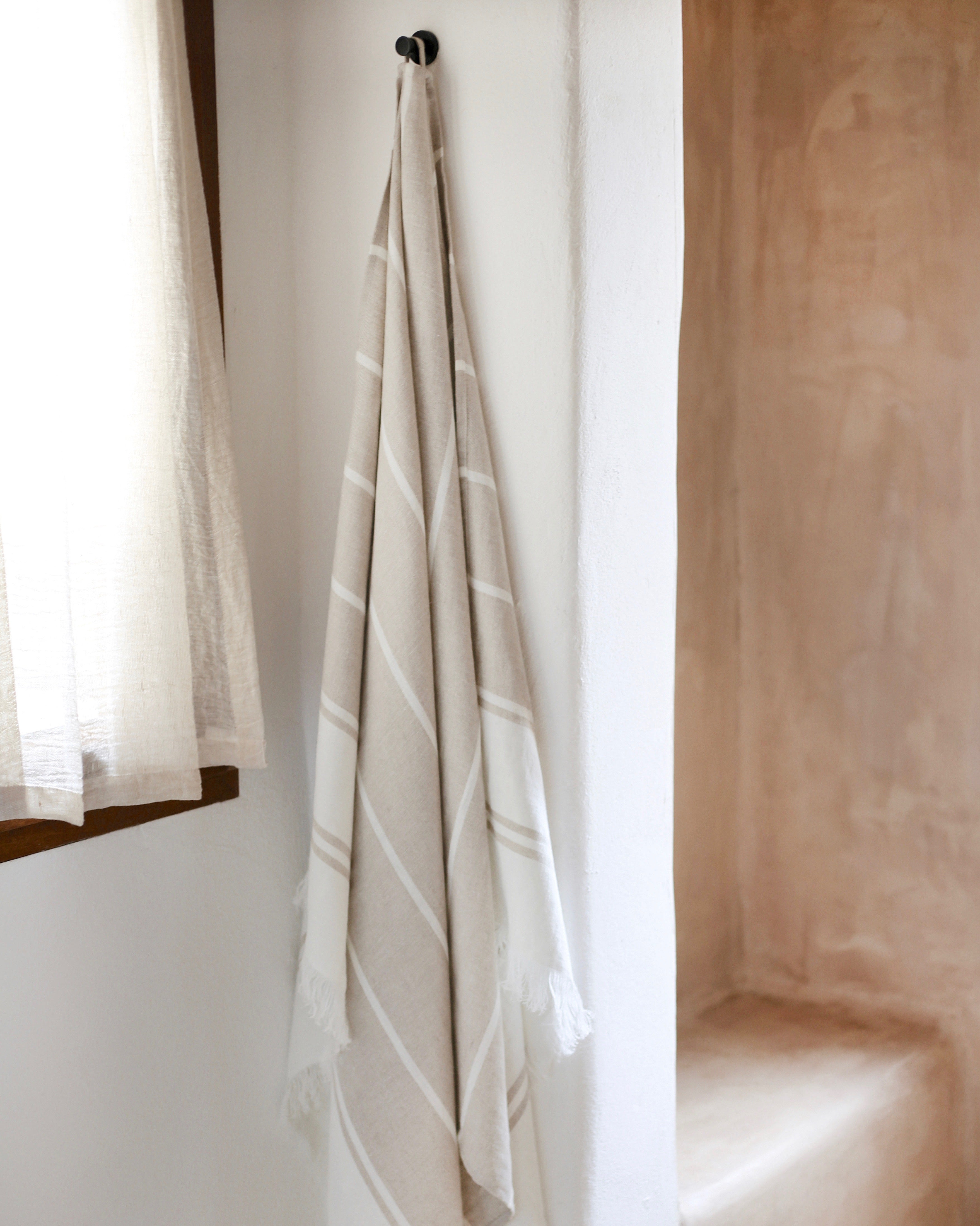 Linen Bath Sheet Towel in Ecru Stripe MagicLinen