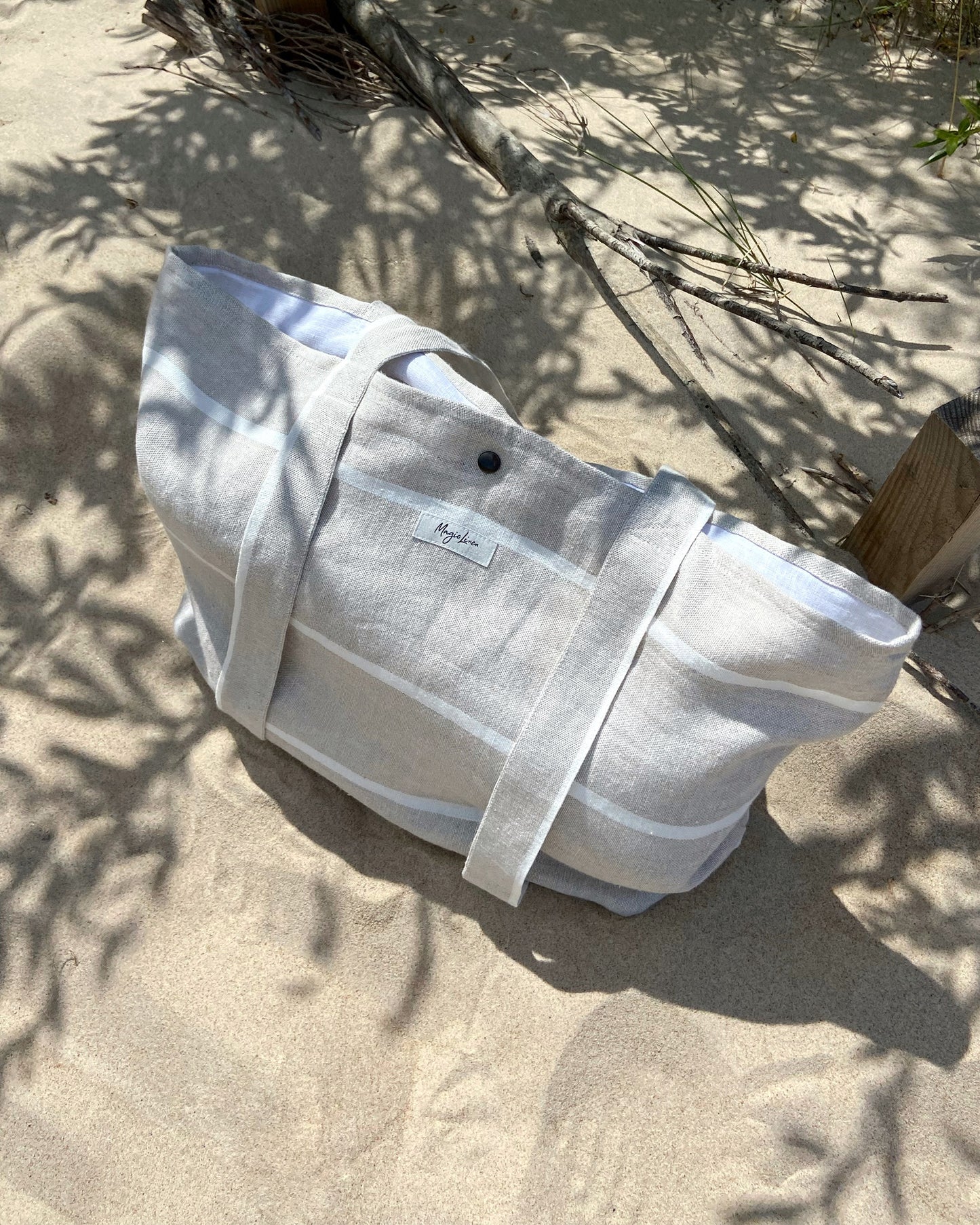 Linen beach bag in Ecru stripe - MagicLinen
