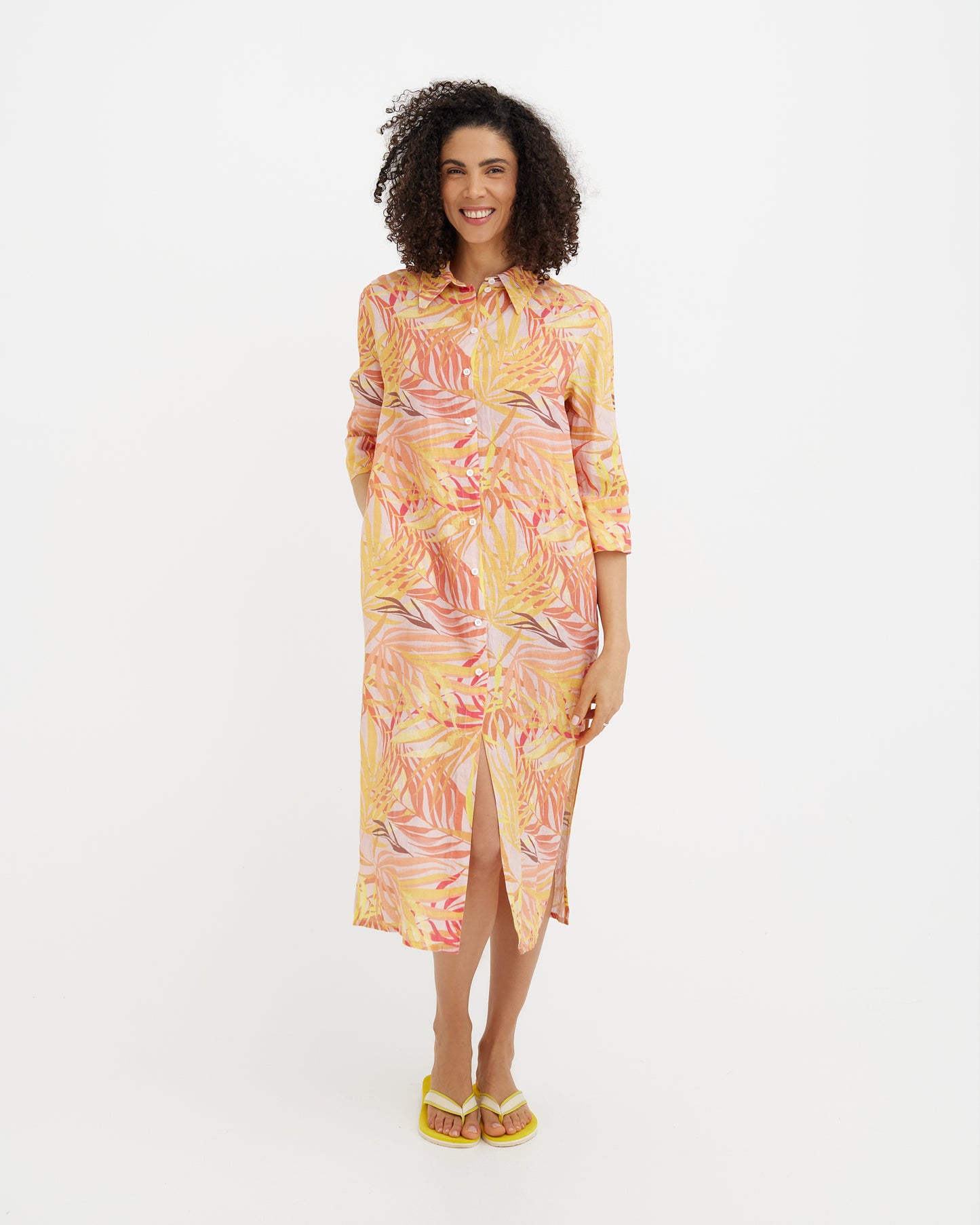 MagicLinen Sunset palms print LA JOLLA fitted midi linen dress with straight skirt  