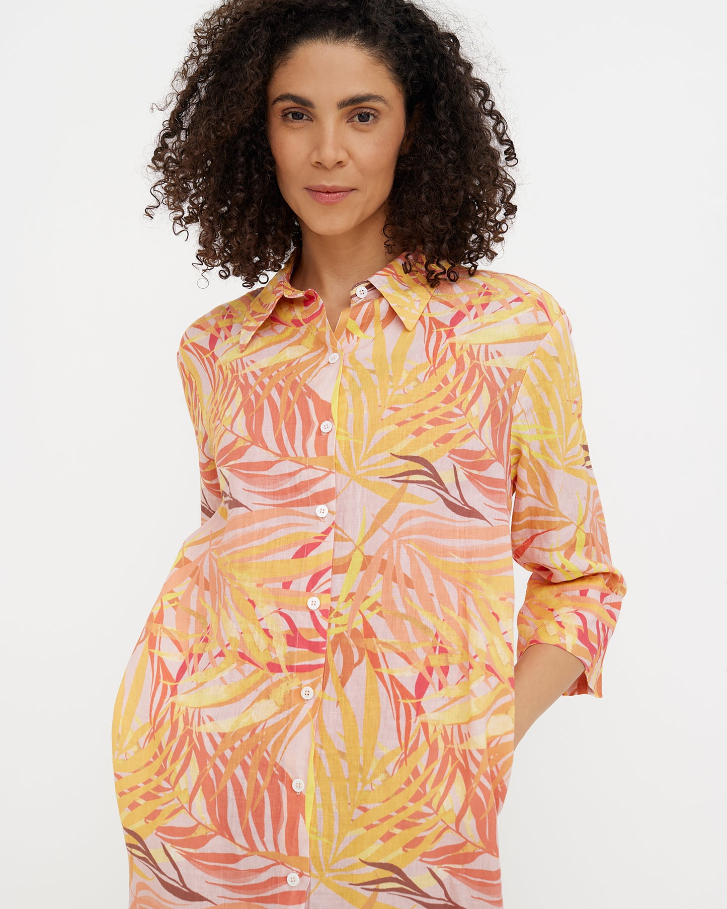 MagicLinen Sunset palms print women’s linen beach dress with full button front closure  