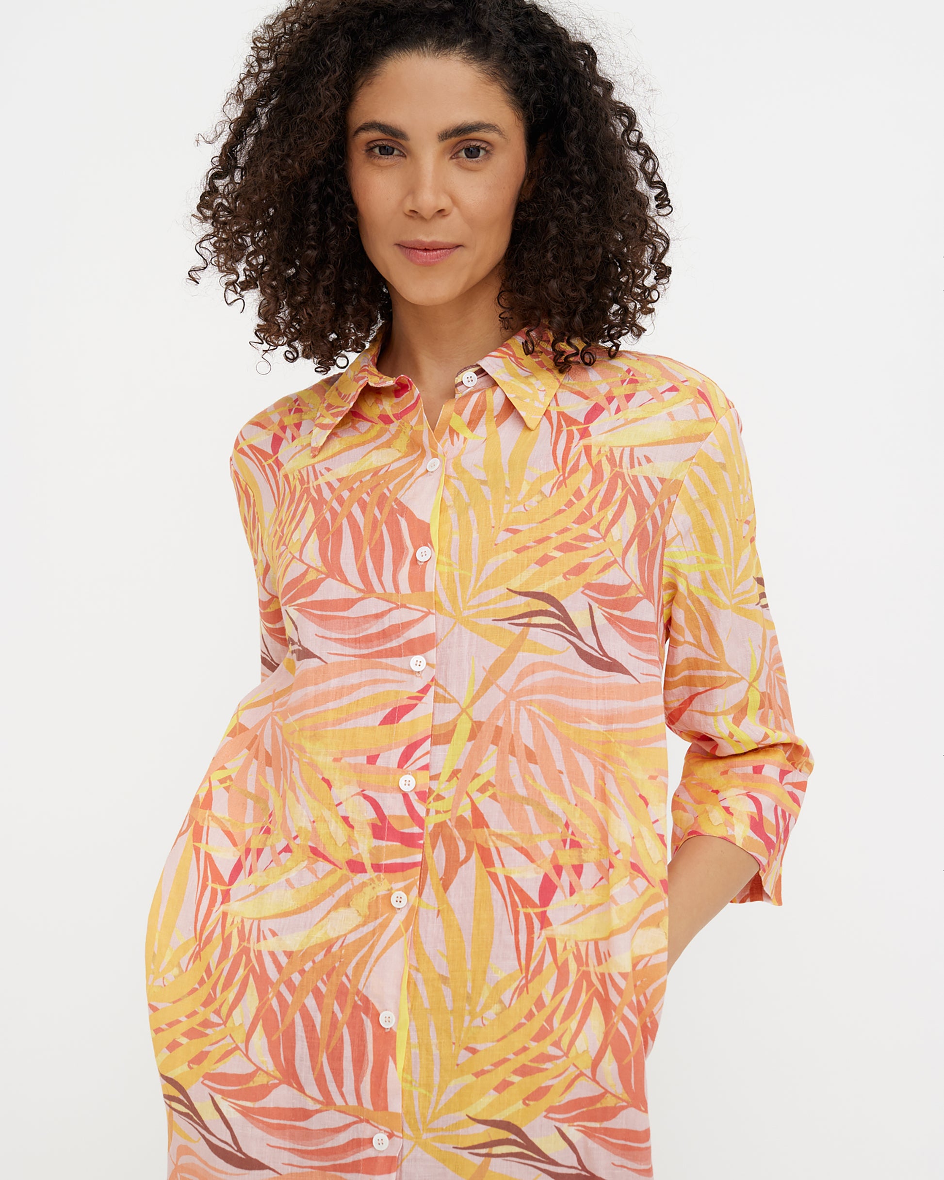 MagicLinen Sunset palms print women’s linen beach dress with full button front closure  