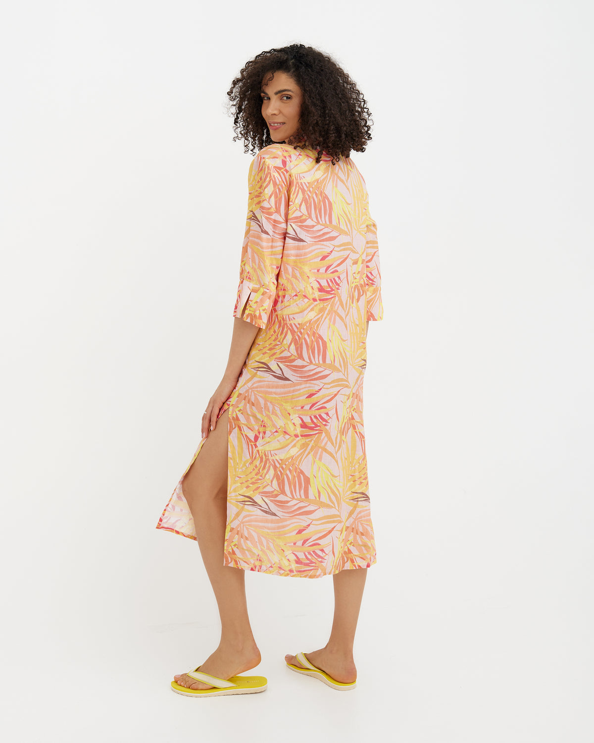 3 4 sleeve beach dresses Linen Dress LA JOLLA in Sunset palms print fashion gown Beyonce 2021 Grammys Outfit One Size Fits All:Fits XS to XL 19.7 Sleeve Length